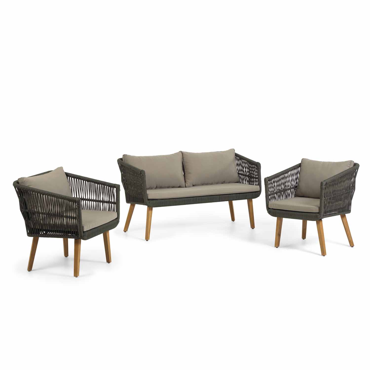 Inti Havesæt, M. 2 Pers Sofa Og 2 Havestole, M. Hynder   Grøn Reb Og Natur Akacietræ fra Laforma