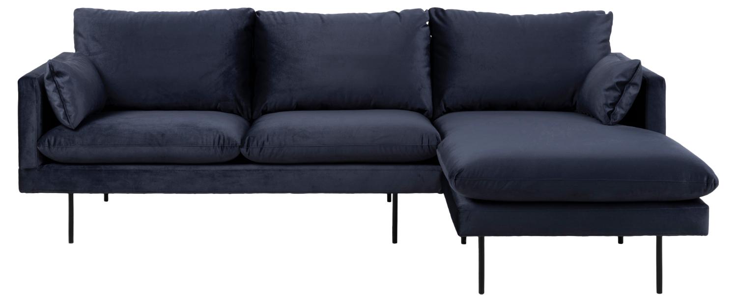 Cozy 2 Pers. Sofa, M. Højre Chaiselong Og 2 Puder   Mørkeblå Stof Og Sort Metal fra Sofakoncept