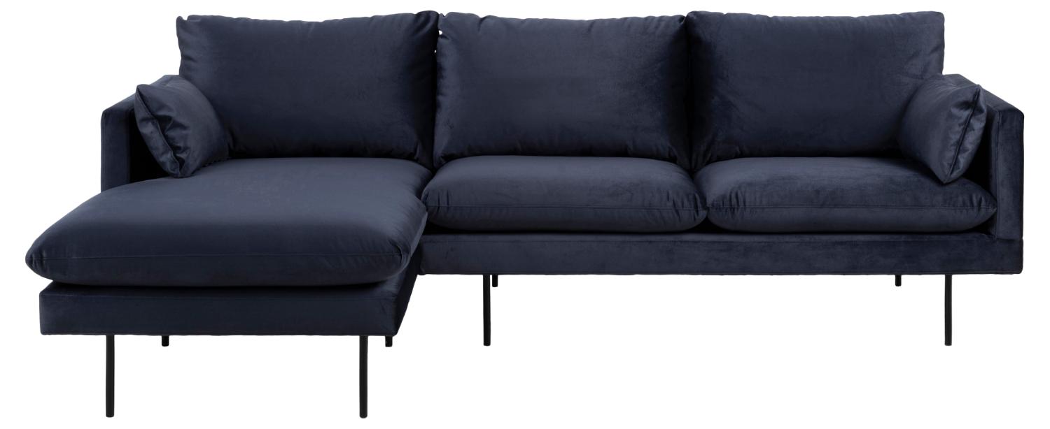Cozy 2 Pers. Sofa, M. Venstre Chaiselong Og 2 Puder   Mørkeblå Stof Og Sort Metal fra Sofakoncept