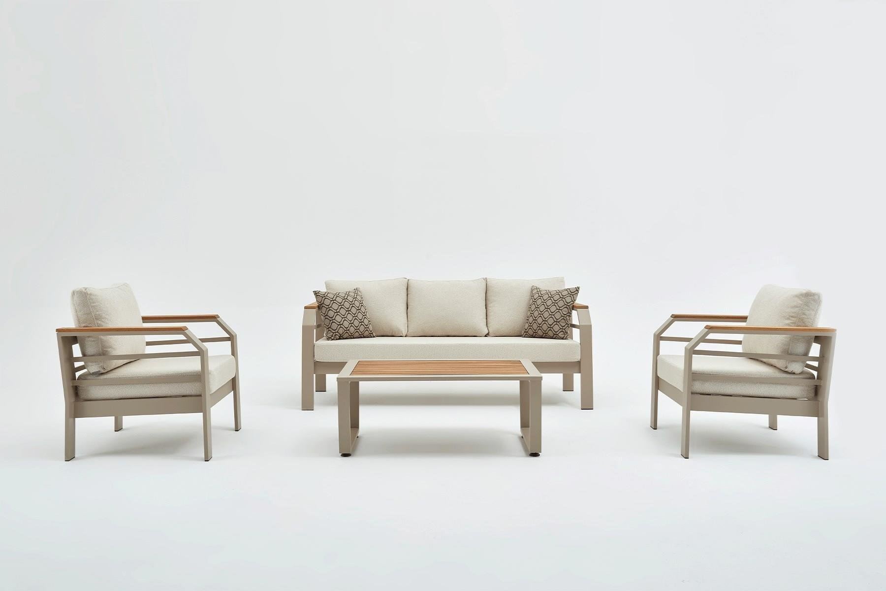 Assento Udendørs Loungesæt, M. 2 Stole, 1 Sofa, 1 Bord, Beige Hynder   Beige Aluminium fra Nordvärk