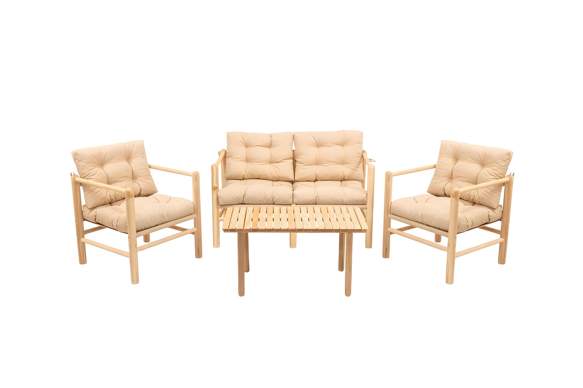 My028 Udendørs Loungesæt M. 1 Bord, 1 Sofa, 2 Stole   Creme Hynder Natur Kastanjetræ fra Nordvärk