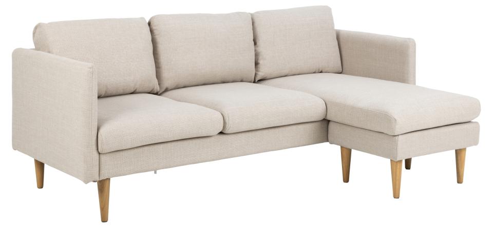 Milly 2 Pers. Sofa Med Chaiselong, Vendbar   Beige Stof Og Natur Gummitræ fra Act Nordic