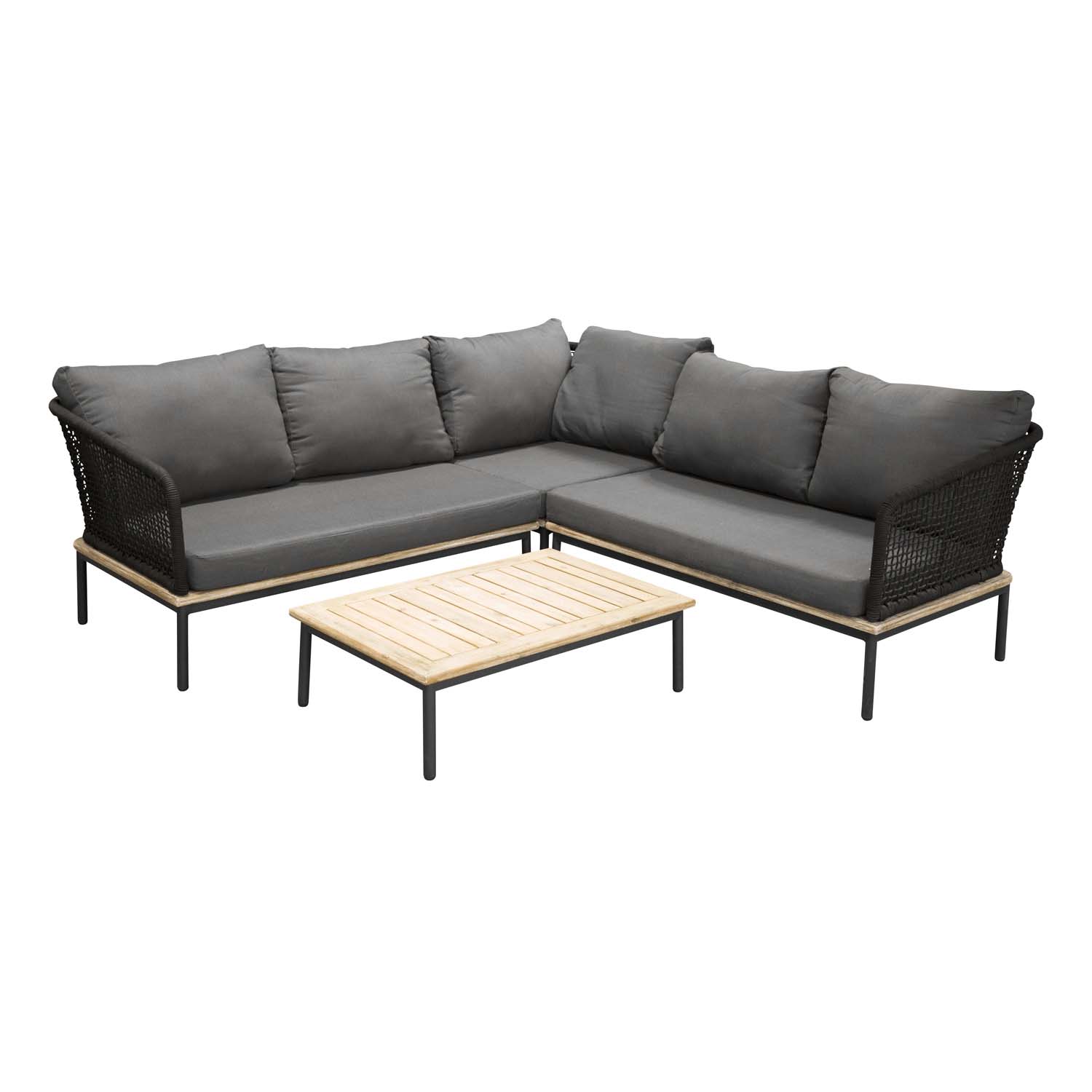 Andorra Hjørne Havesofa M. Hynder   Grå, Natur Akacietræ, Sort Aluminium Og Reb fra Venture Design